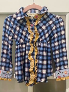 Matilda Jane Blue Plaid Button-Front Ruffle dress with Gold Trim